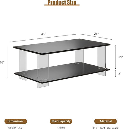 43" Acrylic Coffee Table with Black Wood Top, Minimalist Stylish Modern Rectangular Center Tables for Living Room, Led Living Room Table with Storage Shelf & Acrylic Frame for Small Space
