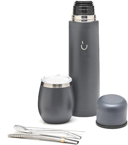 BALIBETOV Complete Yerba Mate Set - Modern Mate Gourd, Thermal Flask, Bombilla and Cleaning Brush Included - All Premium Quality 304 18/8 Stainless Steel (Gray)