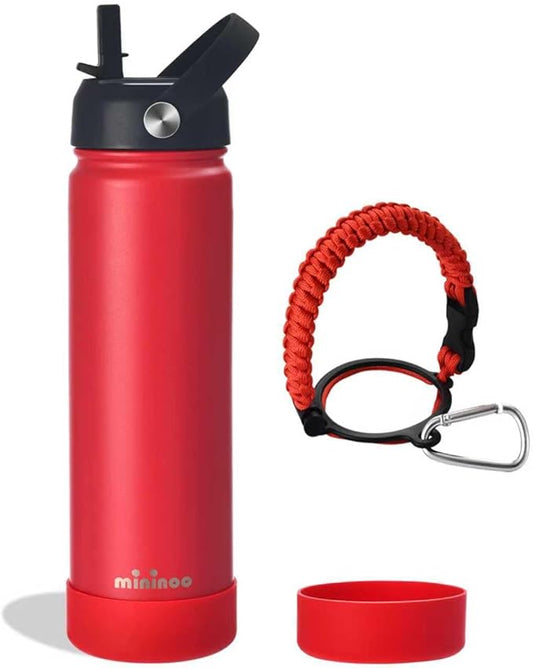 mininoo Insulated Stainless Steel Water Bottle with Straw and Lid for Sports, 24 oz, Red