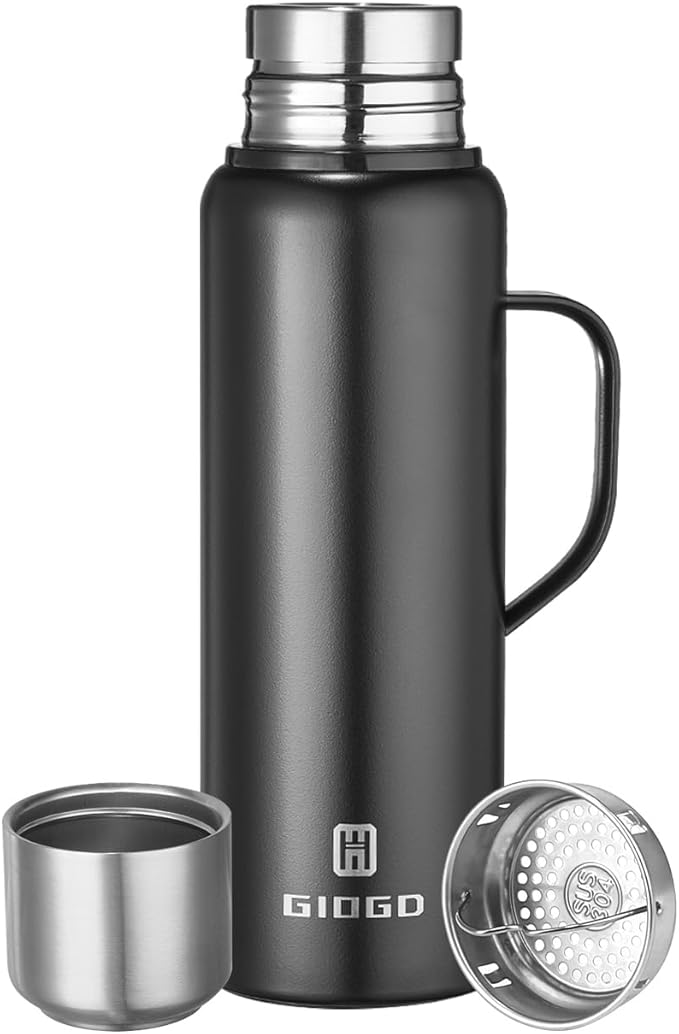 Insulated Vacuum Thermo Bottle 1000ml/33.8oz with Cup Stainless Steel Coffee Bottles for Hot and Cold Drink Water Flask.(Black, with Handle, 1000ml)