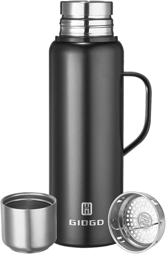 Insulated Vacuum Thermo Bottle 1000ml/33.8oz with Cup Stainless Steel Coffee Bottles for Hot and Cold Drink Water Flask.(Black, with Handle, 1000ml)