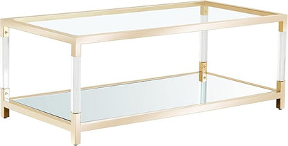 47 inch Glass Coffee Table with Gold Chrome Metal Base, 2-Tier Rectangle Clear Glass Center Table Tea Tables, Modern Coffee Table Living Room Table Cocktail Table, 47" Acrylic Center Tables
