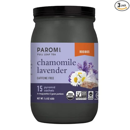 Paromi Chamomile Lavender Rooibos Organic Tea, Signature Jar, 15 Count (Pack of 3)
