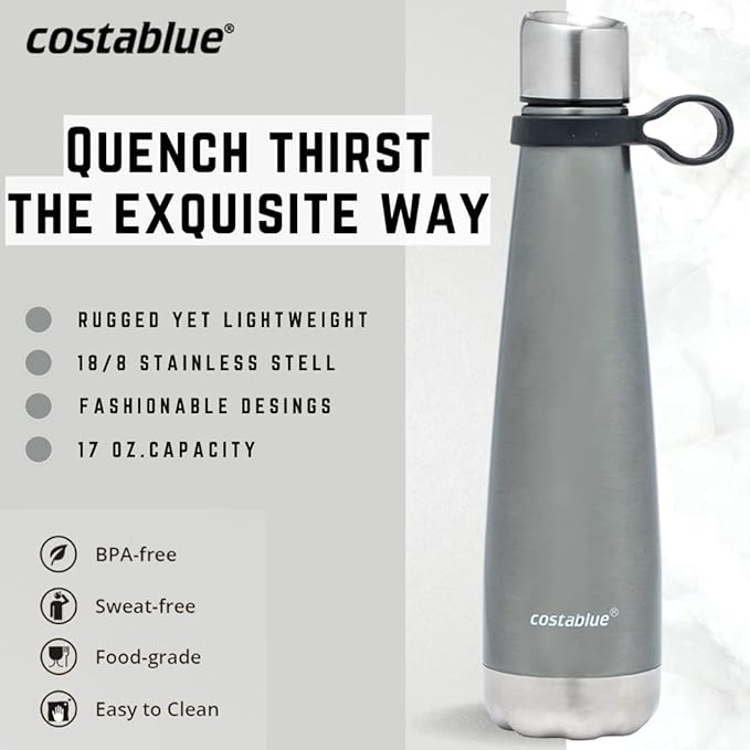 Insulated Water Bottle - On-The-Go Refillable Stainless Steel Water Bottles For Adults, Reusable Thermos Travel Tumbler With Leak-proof Lid For Hot & Cold Beverages (17 Oz. Silver Shadow)