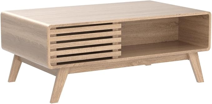 mopio Ensley Coffee Table with Storage, Mid Century Modern, Farmhouse Wood Coffee Table for Living Room Fluted (Oak)