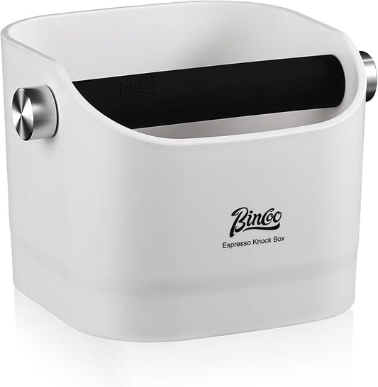 Espresso Knock Box - Bincoo Espresso Machine Knock Box/Espresso Grounds Knock Box, Barista Style Coffee Knock Box for Grounds with Removable Shock-Absorbent Knock Bar and Anti-Slip Base. (White)
