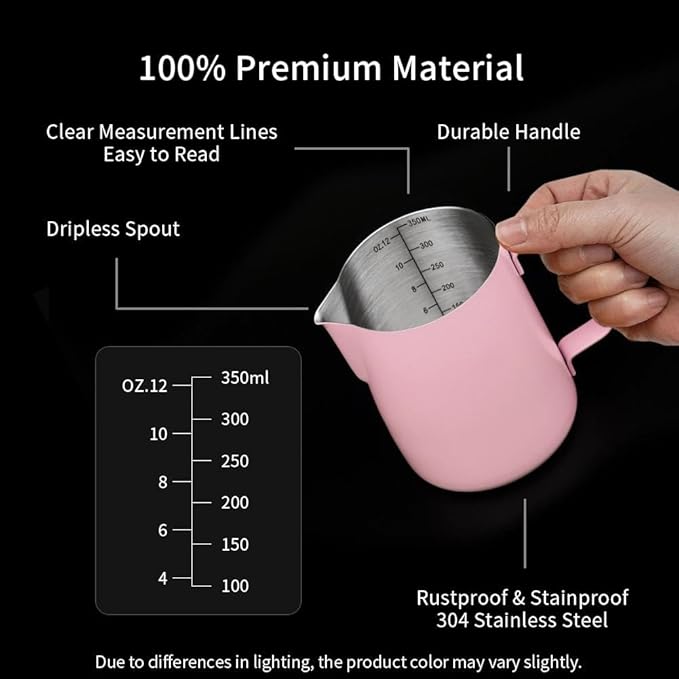 watchget Stainless Steel Milk Frothing Pitcher 12oz/350ml - Espresso Steaming Pitcher for Cappuccino, Latte Art, Coffee Machine Accessories Milk Jug Coffee Frother Cup, Pink