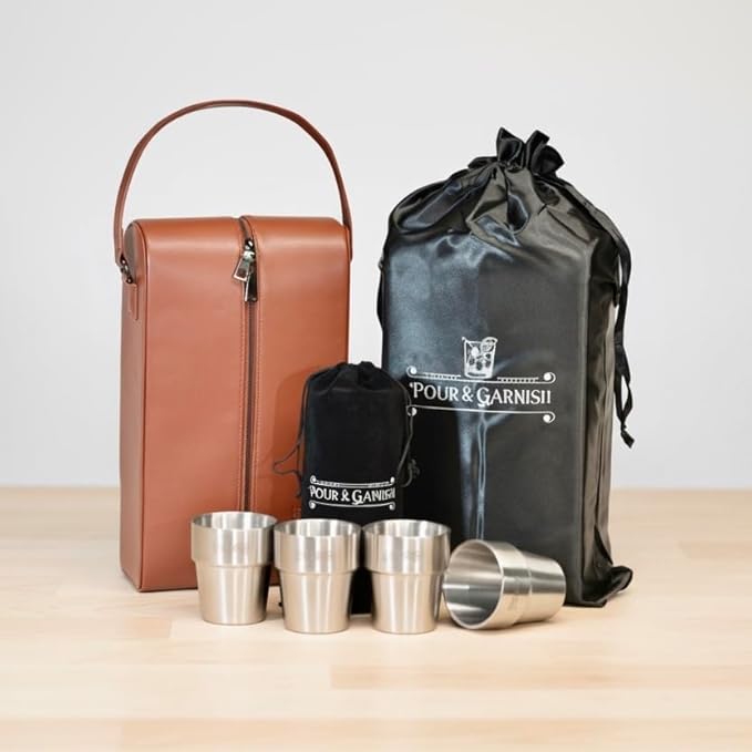 POUR & GARNISH Bourbon Whiskey & Wine Double Bottle Travel Bag with 4 Stainless Steel Double-Walled Vacuum Insulated Glasses - Makes a Great Gift!