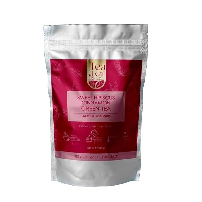 Tealeaf & Co. Sweet Hibiscus Cinnamon Green Tea with Hibiscus, Cinnamon, Stevia & Clove - Green Tea Bags with Fresh Herbs and Spices (Low Caffeine) - 100 Teabags