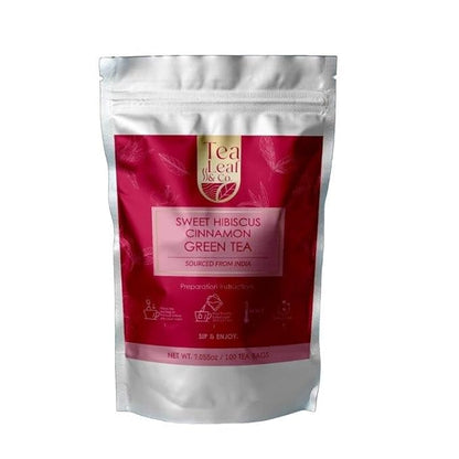 Tealeaf & Co. Sweet Hibiscus Cinnamon Green Tea with Hibiscus, Cinnamon, Stevia & Clove - Green Tea Bags with Fresh Herbs and Spices (Low Caffeine) - 100 Teabags