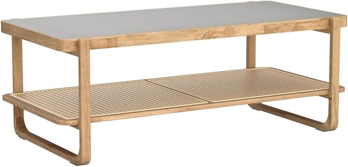 Mid Century Modern Coffee Table with Ribbed Glass Top and PE Rattan Storage Shelf, 45 Inch Rectangular Solid Wood Boho Coffe Table, Unique Center Table for Livinig Room Apartment Small Space