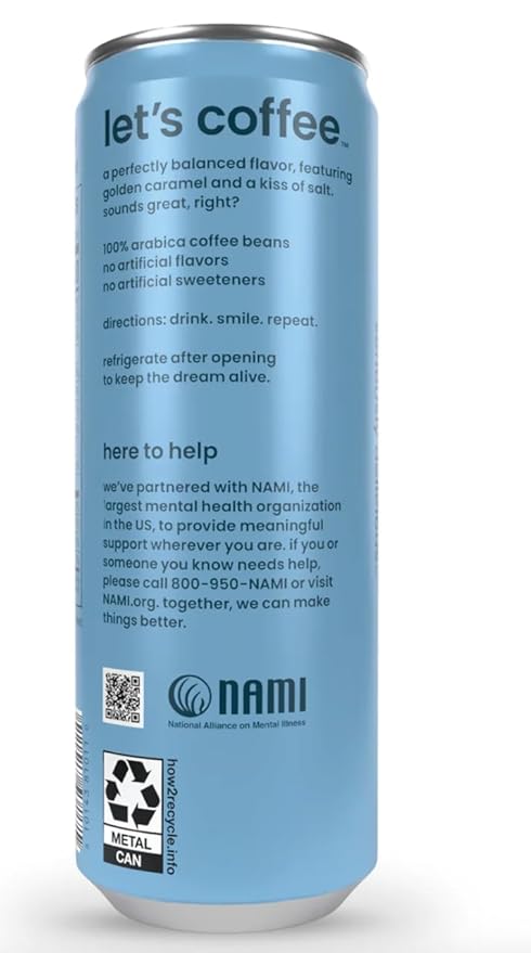 happy coffee salted caramel cold brew, 11 oz. cans, 12 pack, notes of brown sugar & brilliance, 100% arabica beans, no artificial flavors or artificial sweeteners