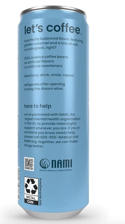 happy coffee salted caramel cold brew, 11 oz. cans, 12 pack, notes of brown sugar & brilliance, 100% arabica beans, no artificial flavors or artificial sweeteners