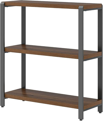 FOLUBAN Small Bookshelf and Bookcase, 3 Tier Low Short Book Shelf, Industrial Metal and Wood Book Case for Living Room Bedroom, Rustic Walnut
