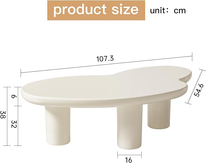 Cloud Coffee Table, 42.24" Irregular Cream White Coffee Table with 3 Legs, Modern Center Table for Living Room, Indoor Tea Table, Easy Assembly