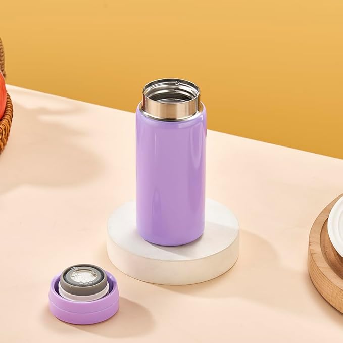 Mini Thermos Cute Water Bottle - 7 oz Tiny Insulated Vacuum 18/10 Stainless Steel Small Flask - Leak Proof & Spill Proof & Keeps Cold and Hot for Drink, Coffee, Tea - Purple