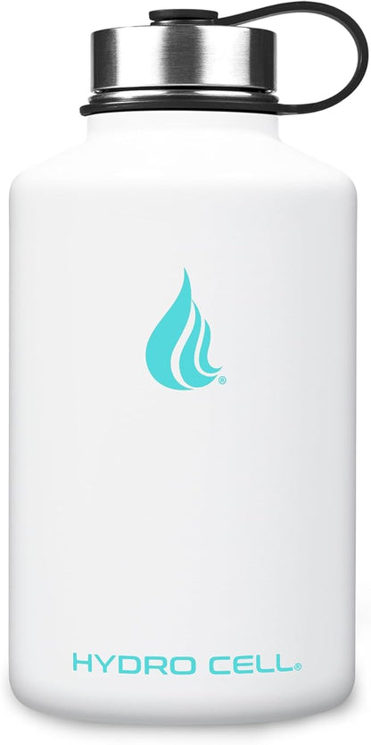 HYDRO CELL Stainless Steel Insulated Water Bottle with Straw - For Cold & Hot Drinks - Metal Vacuum Flask with Screw Cap and Modern Leakproof Sport Thermos for Adults (White 64oz)