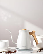 Load image into Gallery viewer, Harriet Gooseneck Electric Kettle - 1200W Fast Heat, 0.8L Stainless Steel, Precision Temp Control &amp; Timer, Wood Handle, Pour Over Coffee and Tea, White
