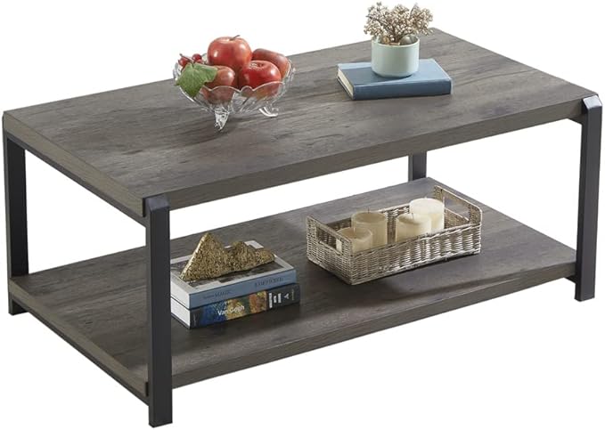 EXCEFUR Coffee Table with Storage Shelf, Rustic Wood and Metal Cocktail Table for Living Room, Grey
