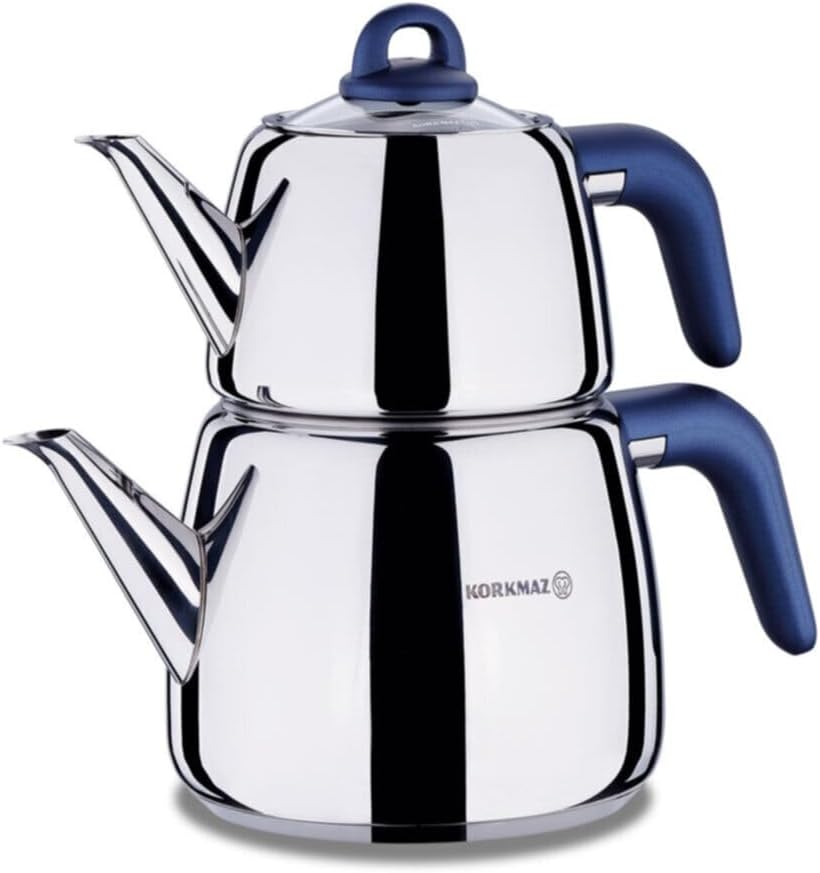 Korkmaz A045-02 Bella Turkish Azure Teapot Set for Stovetop, 18/10 Stainless Steel Double Tea Maker with Bakalite Handles, Samovar Style Tea Kettle with 33.9 Oz (1000ml) & 67.7 Oz (2000ml)
