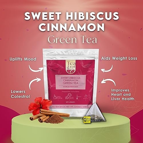 Tealeaf & Co. Sweet Hibiscus Cinnamon Green Tea with Hibiscus, Cinnamon, Stevia & Clove - Green Tea Bags with Fresh Herbs and Spices (Low Caffeine) - 100 Teabags