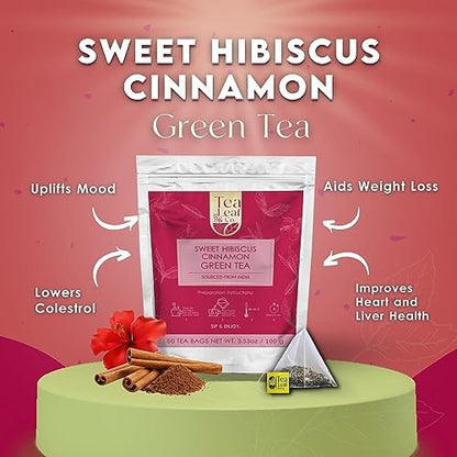 Tealeaf & Co. Sweet Hibiscus Cinnamon Green Tea with Hibiscus, Cinnamon, Stevia & Clove - Green Tea Bags with Fresh Herbs and Spices (Low Caffeine) - 100 Teabags