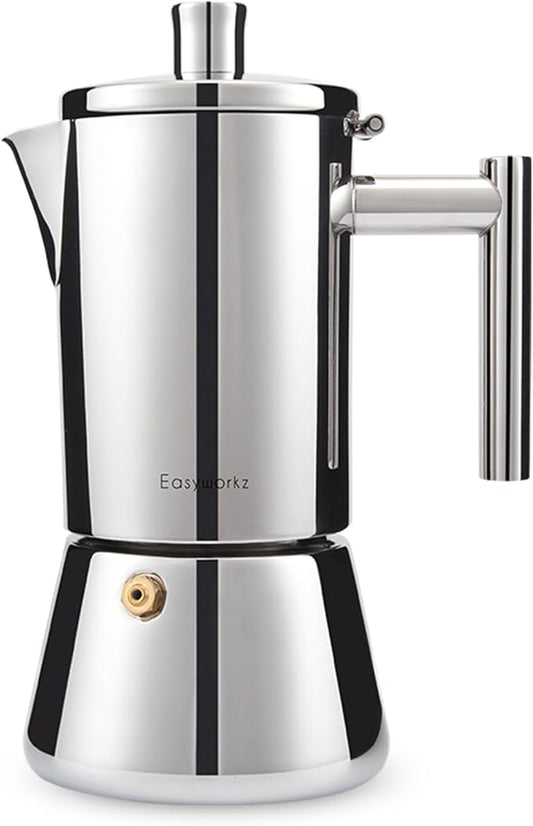 Easyworkz Diego Stovetop Espresso Maker Stainless Steel Italian Coffee Machine Maker 6Cup 10 oz Moka Pot Induction Espresso Pot