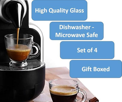 BOHEM'S Espresso Cups, 3.2 oz Small Demitasse Clear Glass Espresso Drinkware, Set of 4, Espresso Shot Glasses, Clear Expresso Coffee Cups, Tazas de Cafe Expreso