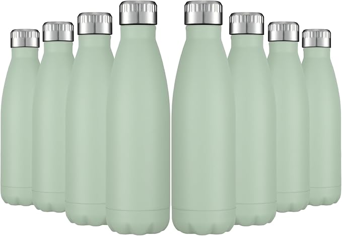 HASLE OUTFITTERS 17oz Stainless Steel Water Bottles Bulk, Vacuum Insulated Water Bottles Double Walled Powder Coated Reusable Metal Sports Water Bottles Keep Drinks Hot and Cold, Light Green, 8Packs