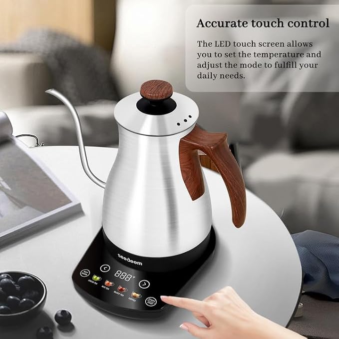 SEEDEEM Gooseneck Electric Kettle Full Touch Screen 1200W Electric Tea & Coffee Kettle with Four Heating Modes Rapid Heating,±1℉ Temperature Control，Keep Warm Mode,1L Electric kettle