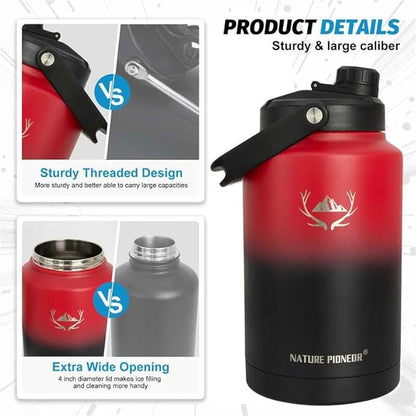 NATURE PIONEOR One Gallon Water Bottle Insulated - Large Double Vacuum Stainless Steel 128 oz Water Bottle with Holder/Carrier, 1 Gallon Water Jug,128oz, Wide Mouth