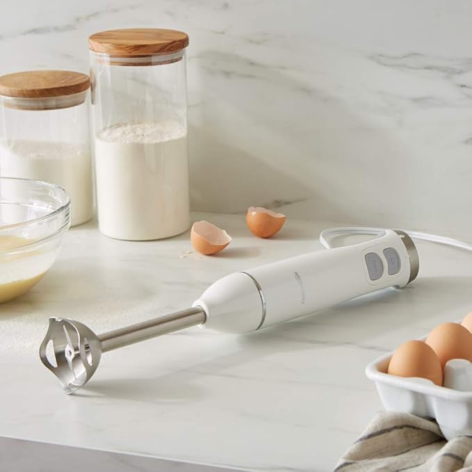 Amazon Basics 300W 4-In-1 Immersion Blender Handheld, Emulsion Blender With Blending Stick, Whisk, Chopper and Beaker, Continuous Speed Control And Turbo Mode, 5-ft Power Cord, White
