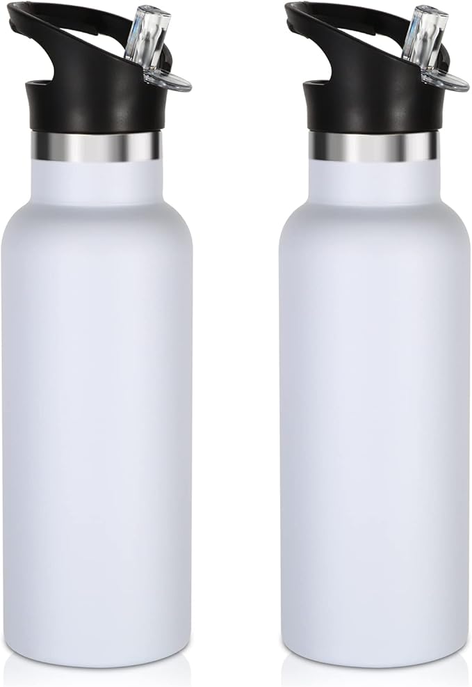 Volhoply 17oz Insulated Water Bottle Bulk 2 Pack,Stainless Steel Kids Water Bottles with Straw Lid,Reusable Metal Cups Water Bottle,Double Wall Vacuum Sports School Flask Keep Cold (White,2 Set)