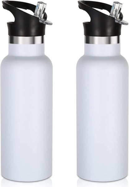 Volhoply 17oz Insulated Water Bottle Bulk 2 Pack,Stainless Steel Kids Water Bottles with Straw Lid,Reusable Metal Cups Water Bottle,Double Wall Vacuum Sports School Flask Keep Cold (White,2 Set)