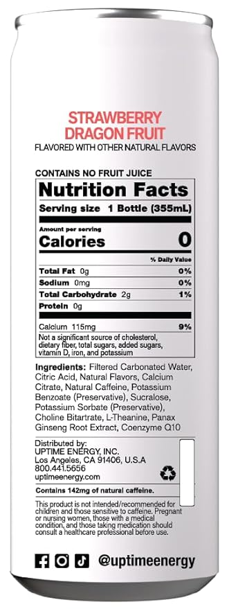 UPTIME Energy Drink, Strawberry Dragon Fruit Sparkling, 12 Pack, Vitamin C, L Theanine, Calcium, Sugar Free Energy Drinks for Focus Support, 142mg Natural Caffeine, 0 Calories, Natural, 12 fl oz Cans
