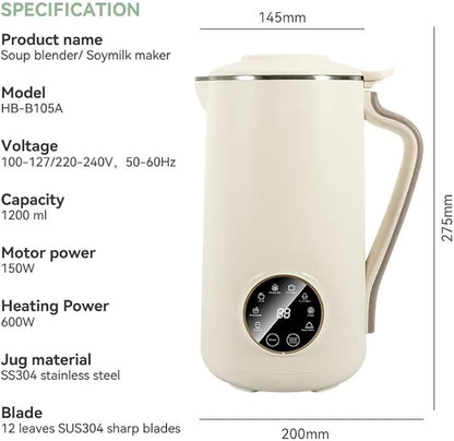 8-in-1 Nut Milk Maker, 40.5oz (1200ml) Capacity, Homemade Almond, Oat, Coconut, Soy, Plant-Based Milks, Automatic Blender with Delay Start, Keep Warm, Self-Cleaning, Boil Water Functions- White