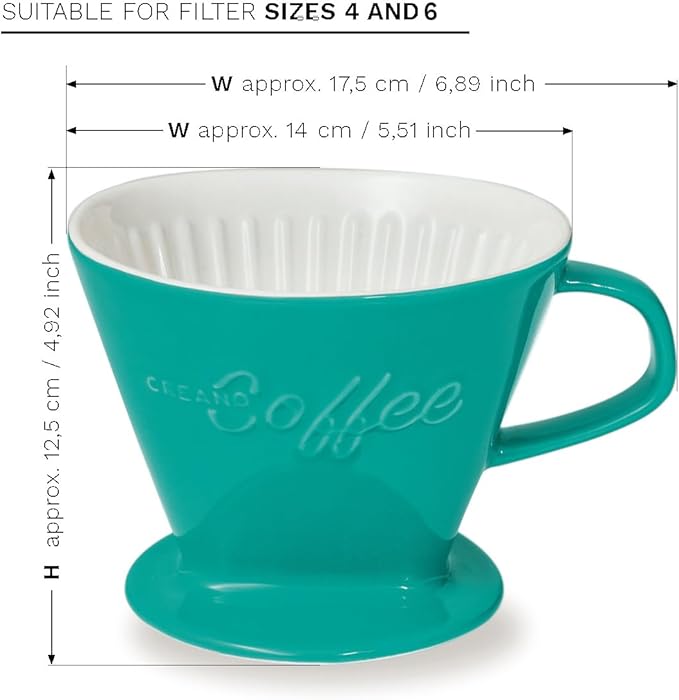 Creano XXL Porcelain Coffee Dripper Green - Ceramic Cone Brewer - Pour Over Coffee Maker - Filter Size 4 - huge and heavy quality 800gr/28oz - 6 Colours availeble