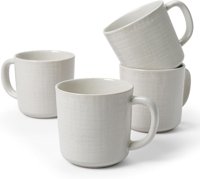 famiware Moonlight Coffee Mug Set of 4, 13oz Mug Set with Linen Finish, Coffee Cup Set with Handle for Latte, Cappuccino, Tea, Hot Cocoa, Microwave and Dishwasher Safe, White