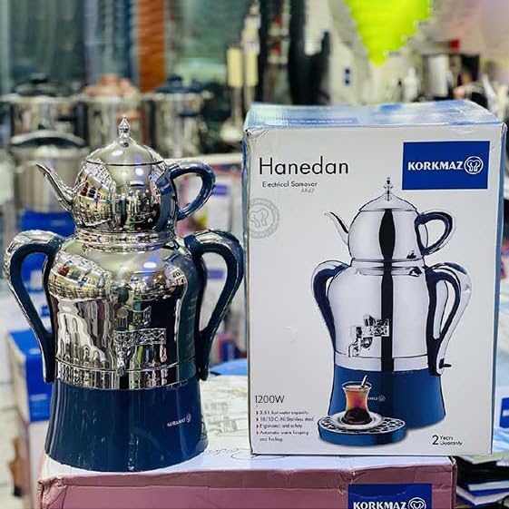 Korkmaz Hanedan A843-03 Stainless Steel Samovar, Upper Pot 1.3 L (43.9 Oz), Bottom Pot 3.5 L (118.3 Oz) Electric Turkish Tea Maker Set, Double Pots Tea Machine, Inox, Chrome, 110 V US Plug, 5.1- Quart