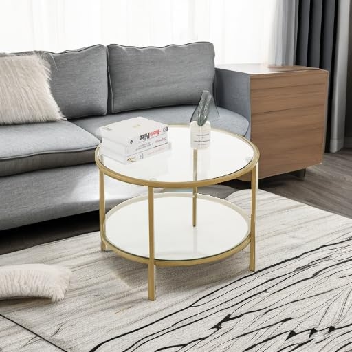 VINGLI Glass Coffee Table, 25.6" Round Champagne Gold Coffee Tables for Living Room, 2-Tier Glass Top Coffee Table with Storage Clear Coffee Table, Simple & Modern Center Table for Small Space