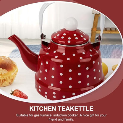 DOITOOL Vintage Tea Kettle 1.1 L Enamel Tea Kettle with Handle, Stove Top Water Kettle Coffee Tea and White Polka Dot with Stainless Steel Filter for Home Kitchen