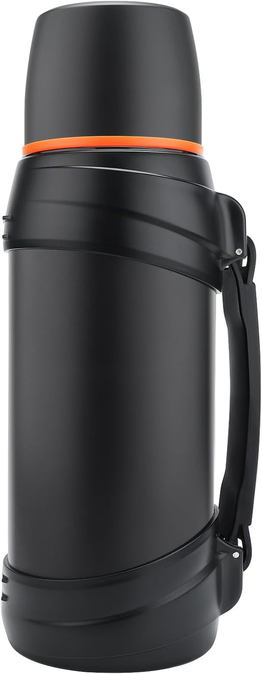 Large Thermosflask- 64oz Stainless Steel Insulated Bottle for Travel with BPA Free Cup - 2.0L Oversized Vacuum Insulated Thermoses with Handle and Strap for Hot & Cold Drinks(Black)