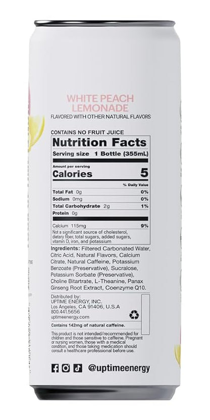 UPTIME Energy Drink, White Peach Lemonade Sparkling, 12 Pack, Vitamin C, L Theanine, Calcium, Sugar Free Energy Drinks for Focus Support, 142mg of Natural Caffeine, 5 Calories, Clean, 12 fl oz Cans