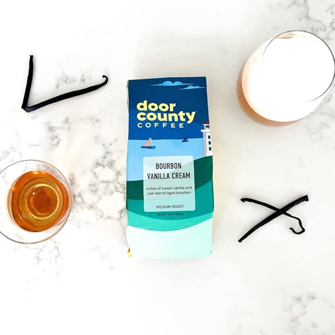 Door County Coffee Bourbon Vanilla Cream Flavored Whole Bean - 10 oz Bag - Medium Roast - 100% Specialty Arabica - Flavored Gourmet - Bourbon Vanilla Cream