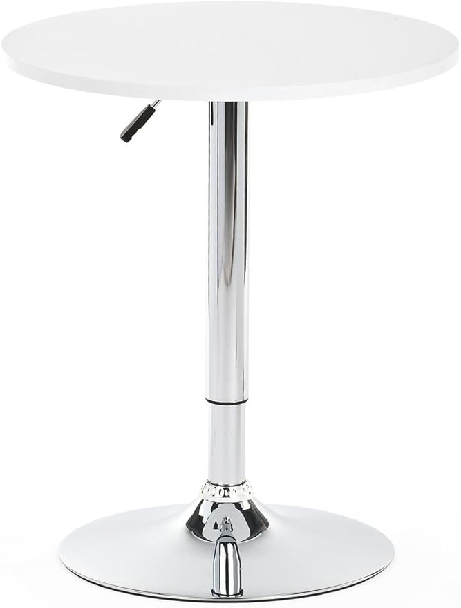 Displays2go Height Adjustable Bar Table, 23.5-inch Round Pub Table with 360-degree Rotation, Aluminum & MDF (White)