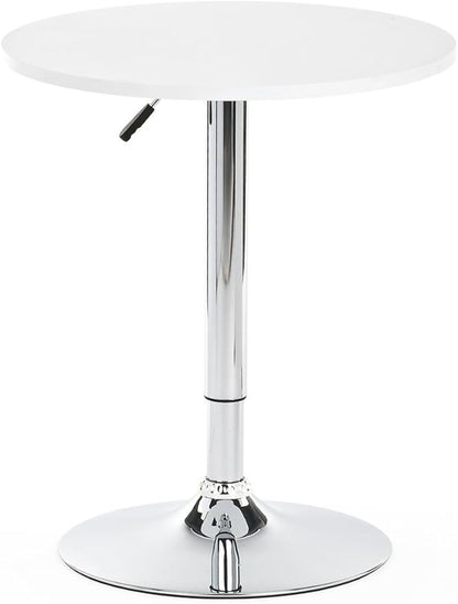 Displays2go Height Adjustable Bar Table, 23.5-inch Round Pub Table with 360-degree Rotation, Aluminum & MDF (White)