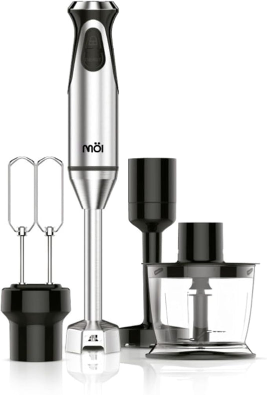 MOI Hand Blender Set - Immersion Blender Handheld with Chopper, Whisk, Masher & Bowl - Premium Handheld Mixer - Hand Blenders for Kitchen for Sauce, Juice, Milkshake, Eggs, Smoothies & More