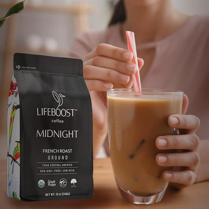 Lifeboost Midnight French Roast Coffee Ground - Non-GMO Single Origin USDA Organic Low Acid Coffee French Roast - Third Party Tested For Mycotoxins & Pesticides - 12 Ounces