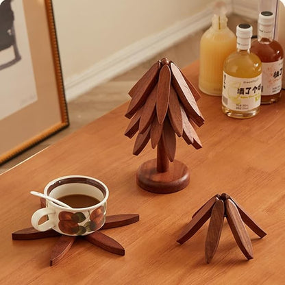 Wooden Trivets for Hot Dishes, Wooden Tree Coasters Tree Shape Trivet Set for Hot Pots and Pans, Foldable Kitchen Walnut Table Mat for Easy Storage, Coaster with 3 Wooden Trivets,1 Stand