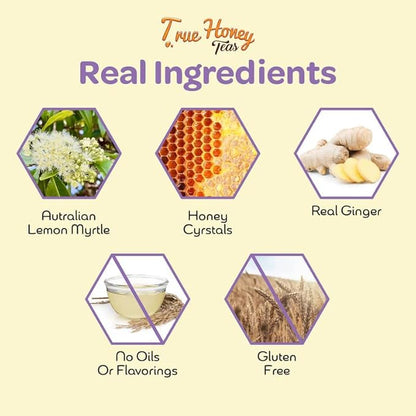 True Honey Lemon Ginger Tea Bags - Honey Crystals Blended in Every Sachet - Healthy Digestion Nourishment - All Natural Organic Herbal Caffeine Free Tea Bag 24 Count